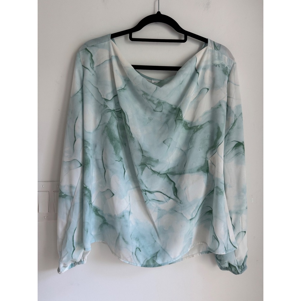 Calvin Klein Womens Green White Marble Print Cowl Neck Sheer Blouse XL NEW